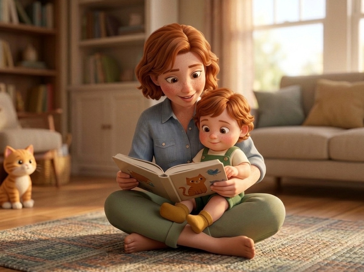 Mom and toddler sharing a board book on the floor