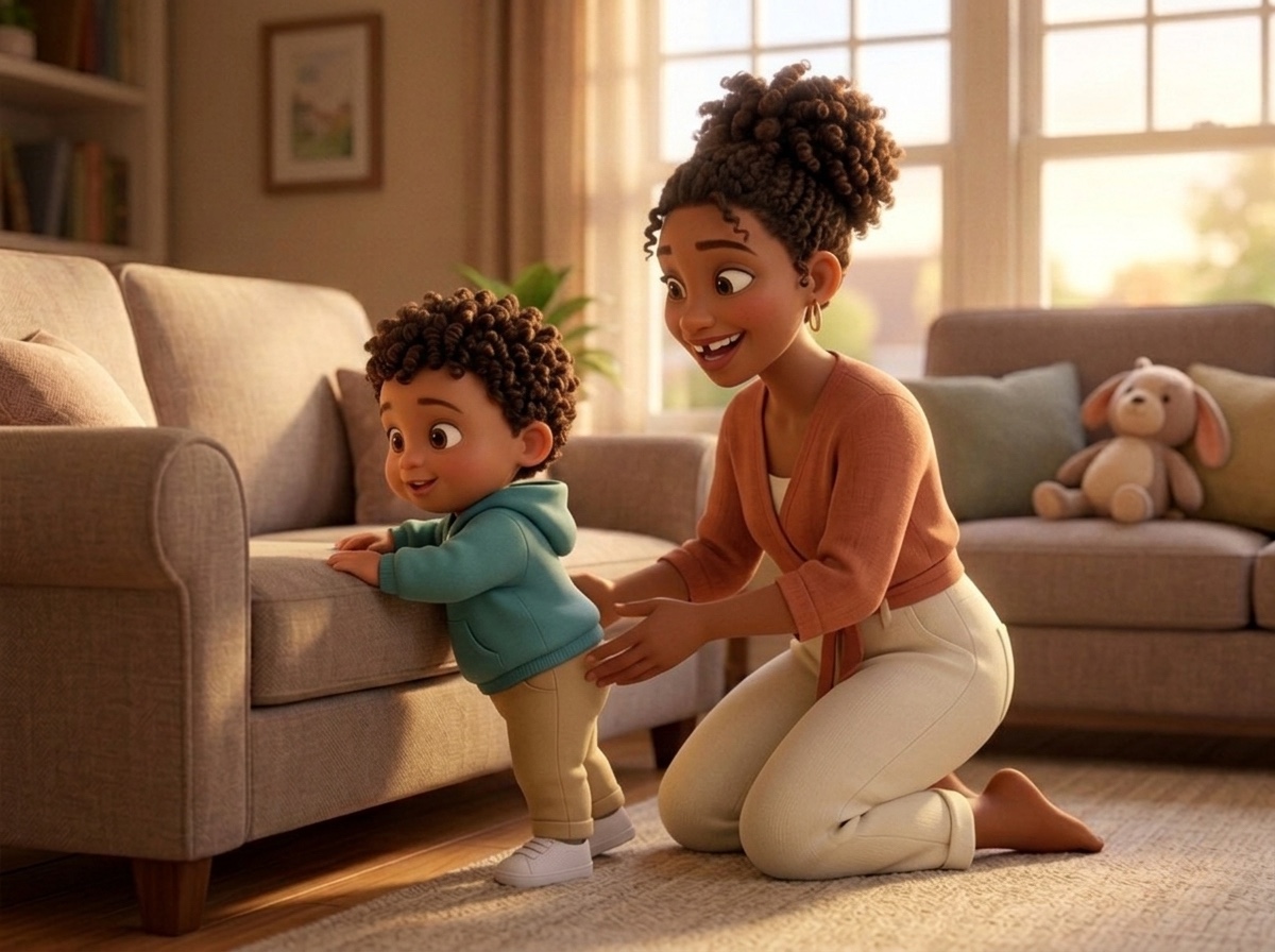 Toddler pulling up at the sofa while a parent spots from behind