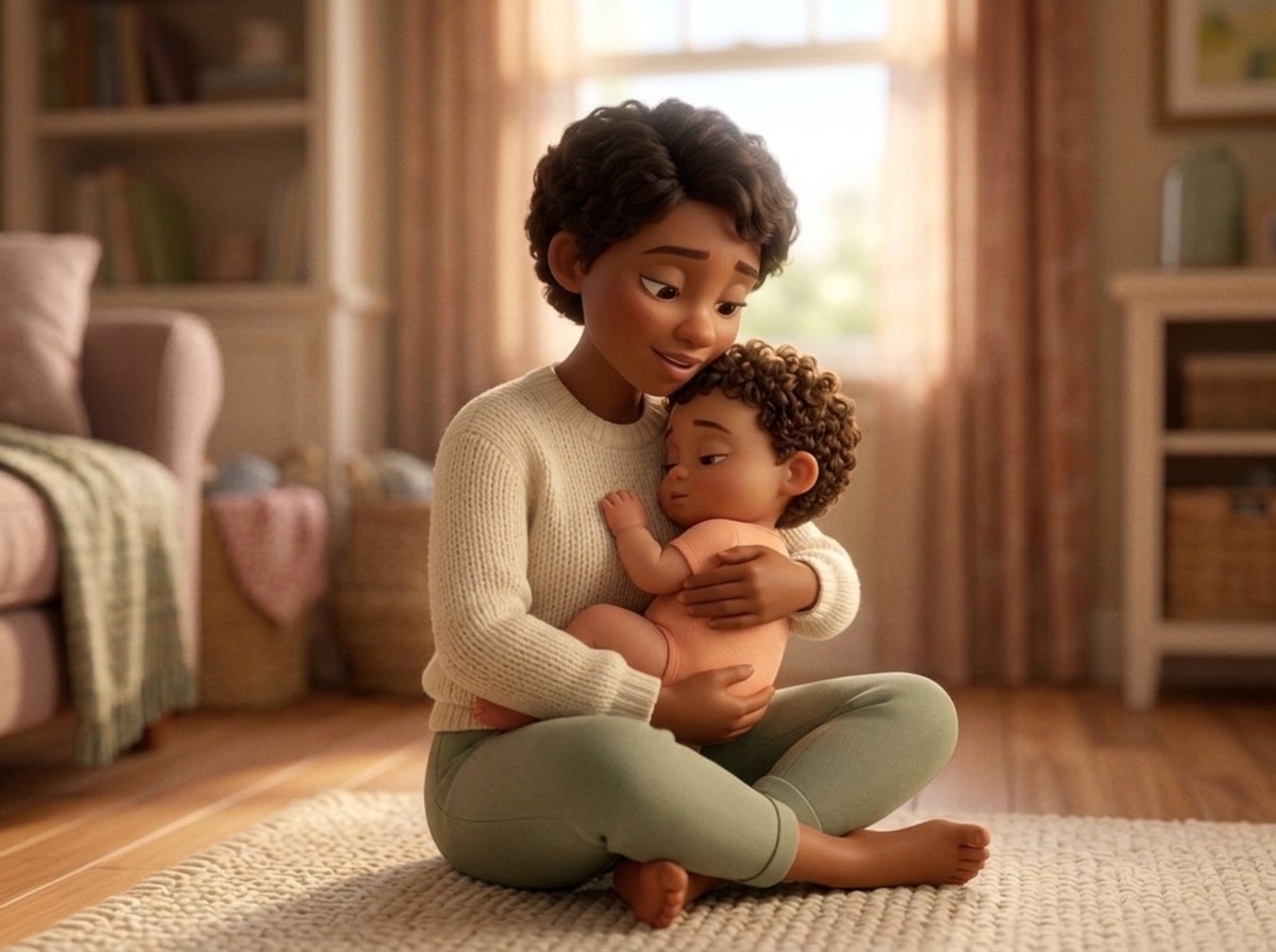 A parent holding their baby in a quiet rocking moment